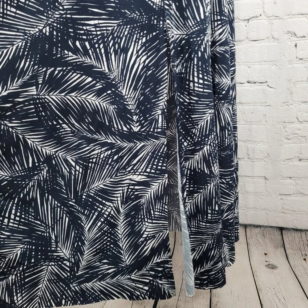Michael Kors Navy & White Palm Leaf Front Slit Stretch Midi Dress Size Medium M